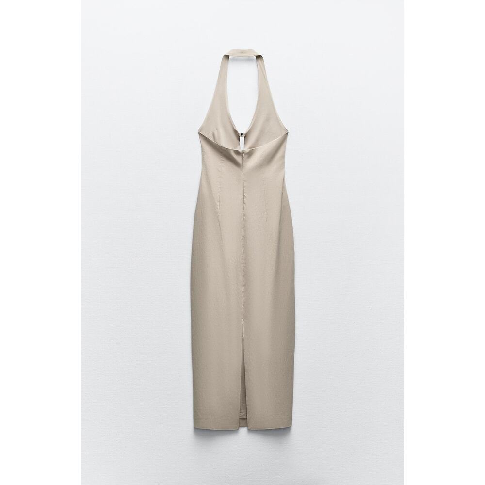 Zara Taupe Halter Bodycon Midi Dress Cut Out Stretch Fitted Evening NWT Size L - Picture 16 of 16